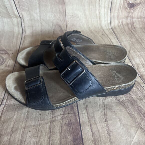 Dansko Rosie Black Leather Two Strap Slide Sandals Wmns Size 36 Eu/5.5-6 US - Picture 1 of 9
